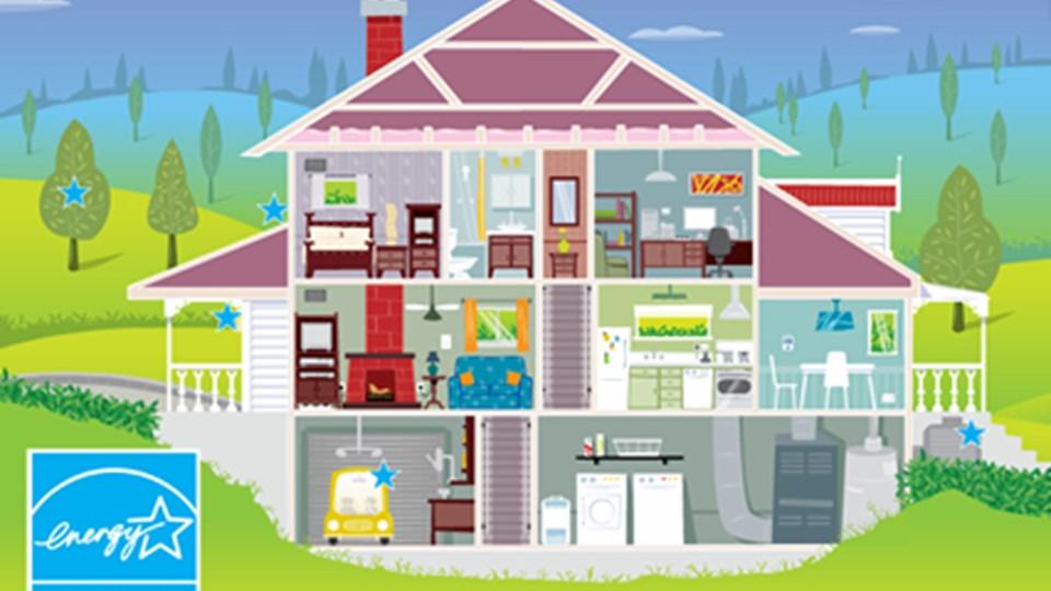 An illustrated cutaway view of a house showcasing various rooms, including a living room, kitchen, and bathroom. The house has furniture and appliances visible. The background features trees and hills.